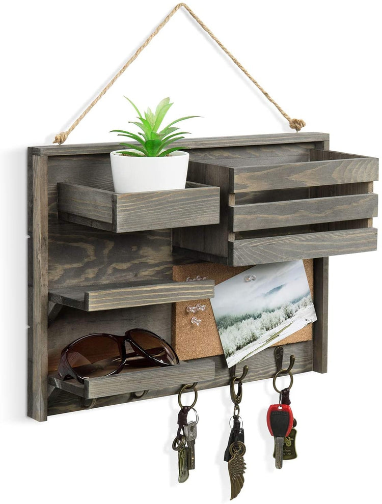 Vintage Gray Solid Wood Wall Hanging Organizer Rack-MyGift