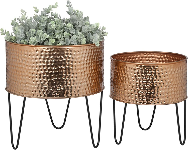 Set of 2, Hammered Style Copper Tone Galvanized Metal Planter Pots with Matte Black Metal Wire Stand-MyGift
