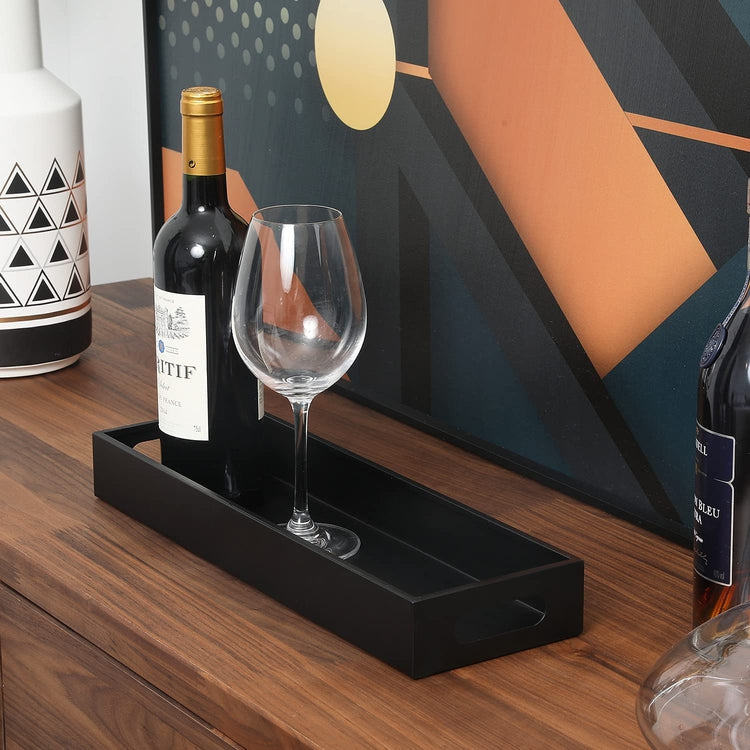 16-inch Matte Black Metal Narrow Rectangular Serving Tray with Cutout Handles-MyGift