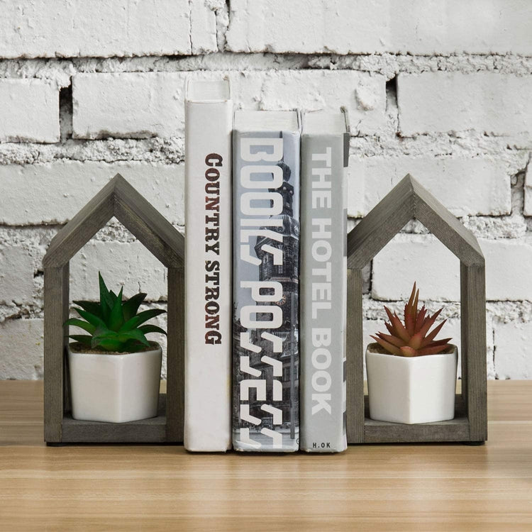Set of 2 Vintage Gray Wood Open Design House Shaped Book Ends-MyGift