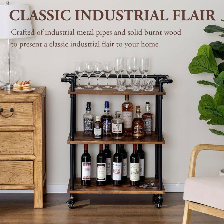 Tiered Bar Cart Burnt Wood Industrial Black Metal Pipe Wine Cart with Rolling Wheels, Decorative Pipe Serving Trolley-MyGift