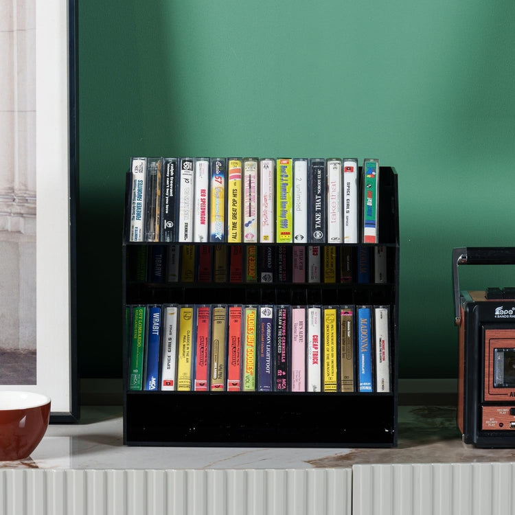 Black Acrylic Compact Cassette Holder with Cutout Carrying Handles, Retro Audio Cassette Tape Storage Display Rack Stand-MyGift