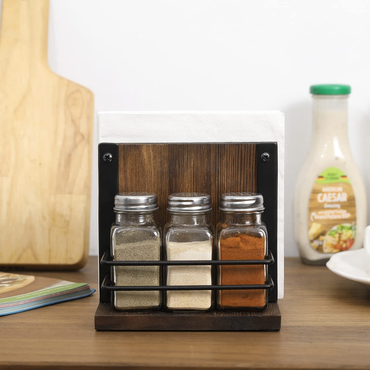 Wood Napkin Holder with 3 Salt and Pepper Shaker Set, Napkin and Spice Bottle Caddy, Farmhouse Serving Table Caddy-MyGift