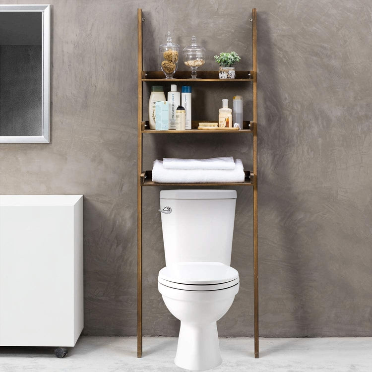 3-Tier Dark Brown Wood Over-The-Toilet Leaning Bathroom Ladder Shelf-MyGift