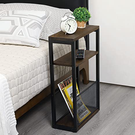 Rustic Burnt Wood End Table with Industrial Black Metal Frame and Mesh Magazine Holder, 25 Inch-MyGift