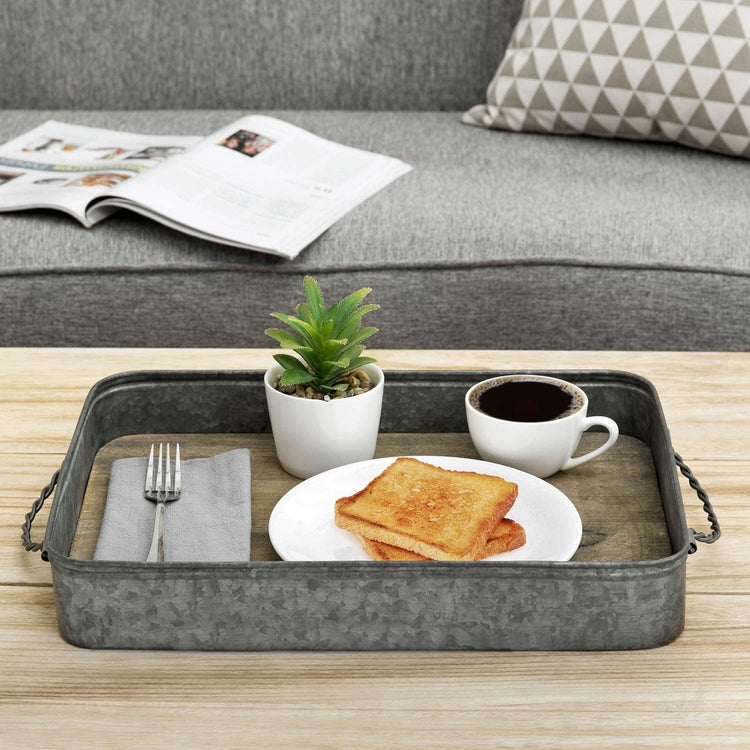 Rustic Galvanized Metal & Solid Wood Serving Tray w/ Twisted Metal Handles-MyGift