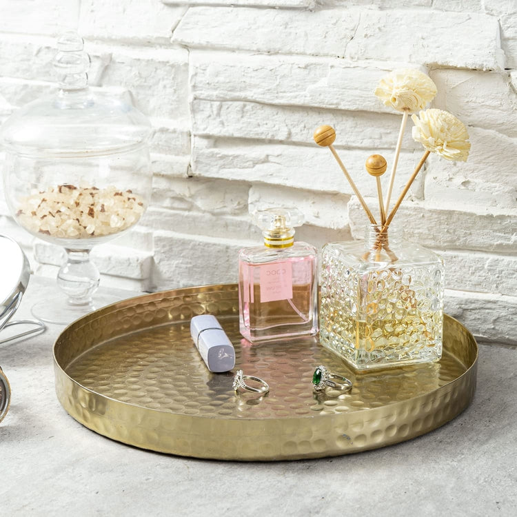 Hammered Brass Round Tray, Aluminum Plated Serving Display Platter, Centerpieces and Vanity Tray-MyGift