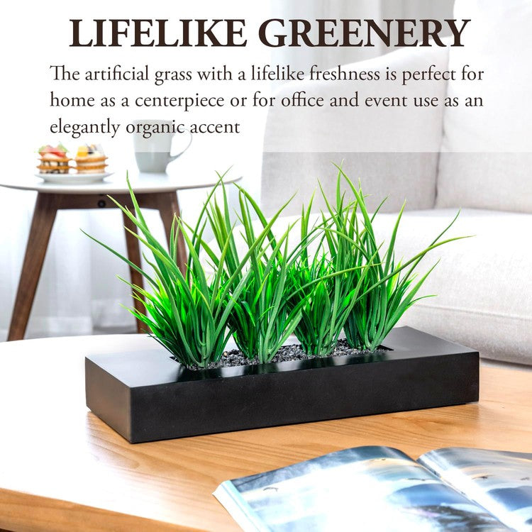 Artificial Green Grass Plants in Matte Black Wood Decorative Planter, Tabletop Rectangular Plant Pot-MyGift