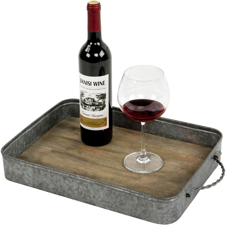 Rustic Galvanized Metal & Solid Wood Serving Tray w/ Twisted Metal Handles-MyGift
