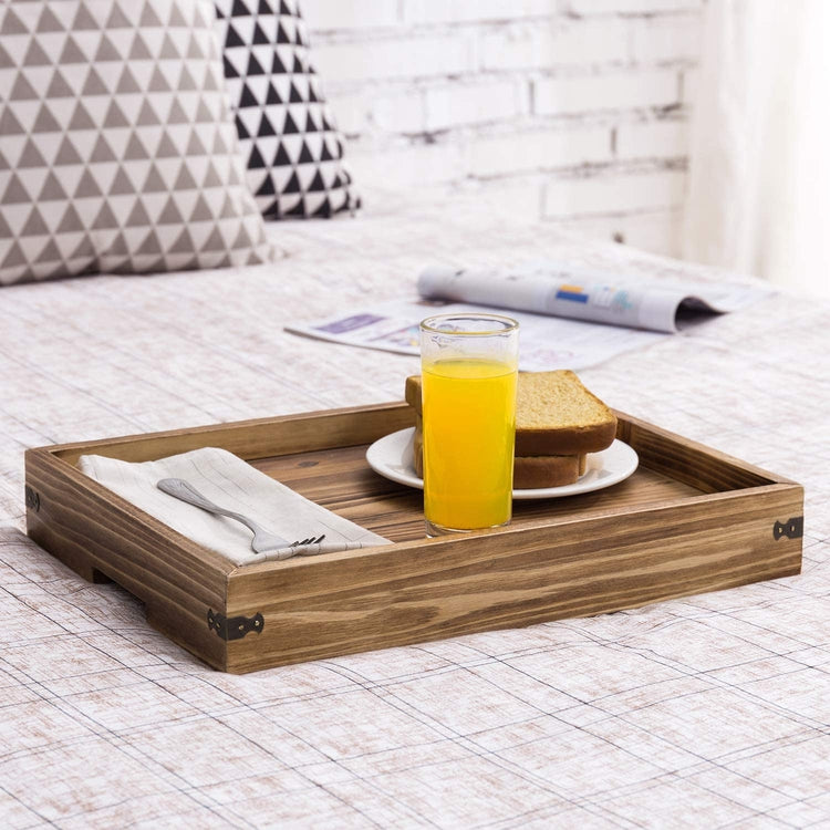 Rustic Dark Brown Wood Breakfast Serving Tray with Foldable Legs-MyGift