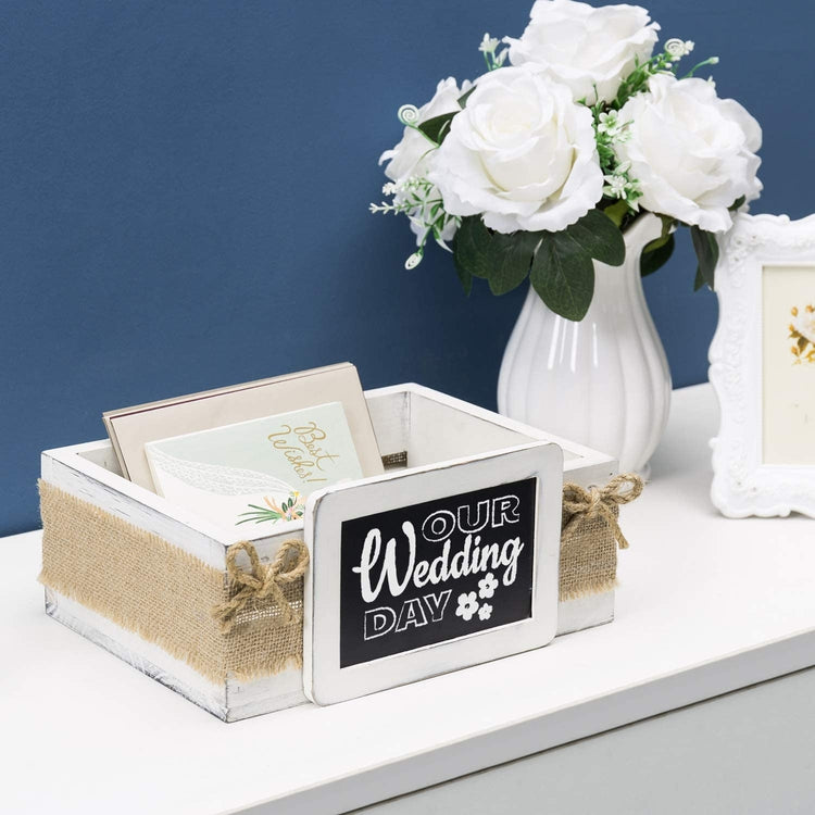 White Wood Tabletop Decorative Box, Gift Card Crate with Chalkboard Label and Rustic Burlap Wrap-MyGift