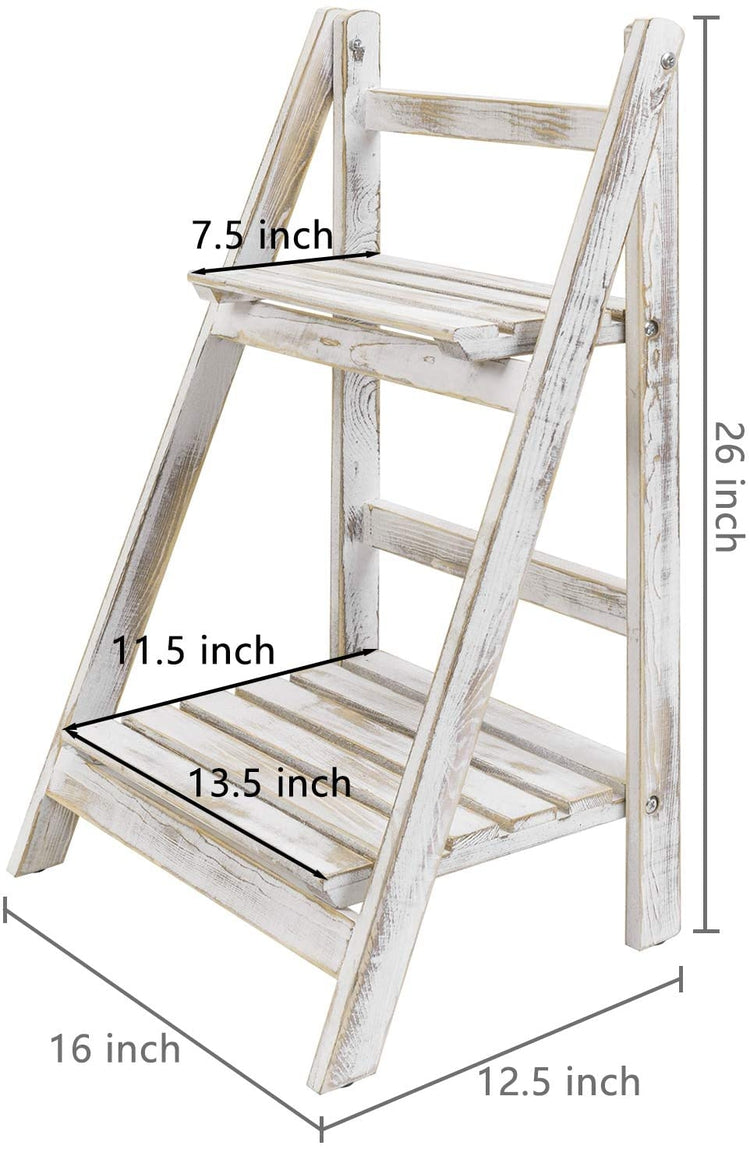 2-tier Whitewashed Wood Foldable Ladder Planter Display Stand-MyGift