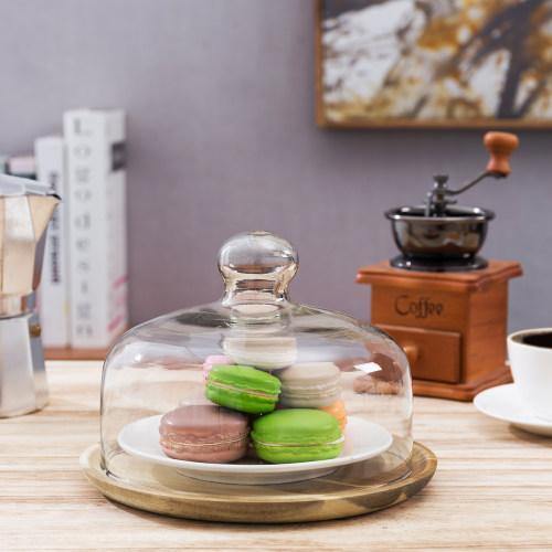 Glass Dessert/Cheese Cloche with Acacia Wood Tray, 7.5 Inch - Mygiftss