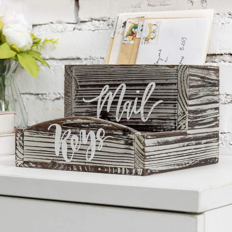 Torched Wood Tabletop Mail Organizer and Key Holder with Stylish Cursive Labels-MyGift