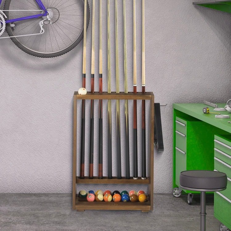 Burnt Brown Wood Freestanding Billiards Accessories Rack, Floor Standing Pool Cue Holder, Ball Shelf, and Triangle Hook-MyGift