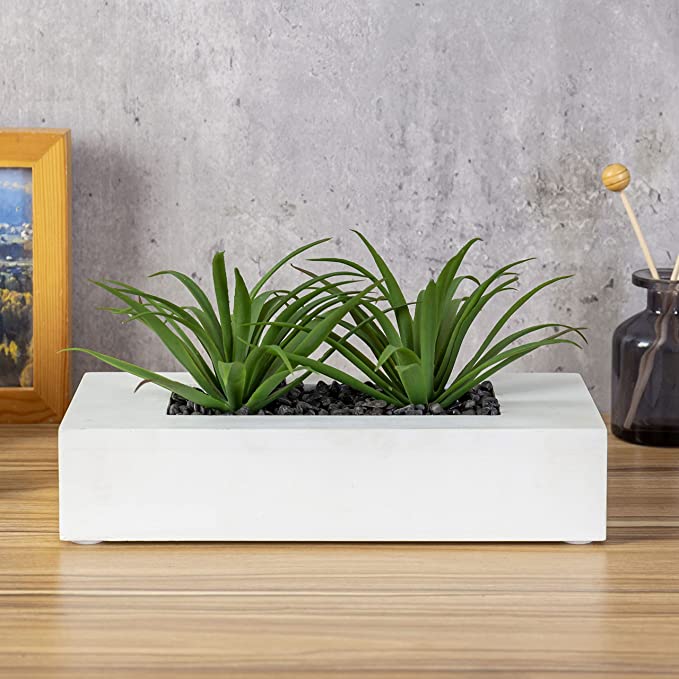 Tabletop Artificial Green Grass Plants in 10 Inch White Wood Rectangular Planter Pot-MyGift