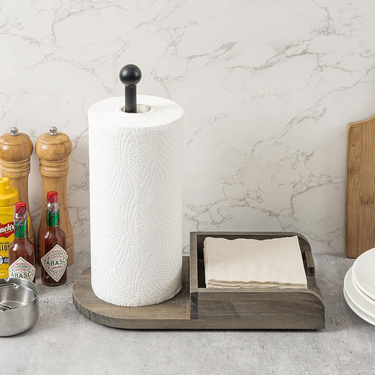 Weathered Gray Wood and Black Metal Paper Towel Roll Holder and Napkin Dispenser Combination Storage Rack-MyGift