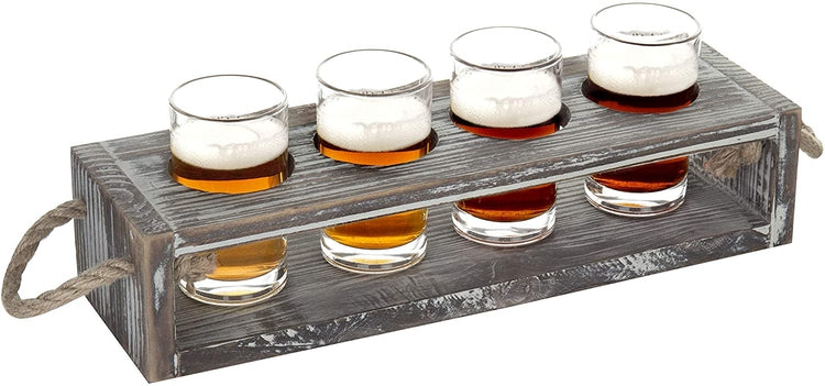 Rustic Torched Wood Beer Flight Serving Caddy with 5-ounce Glasses-MyGift