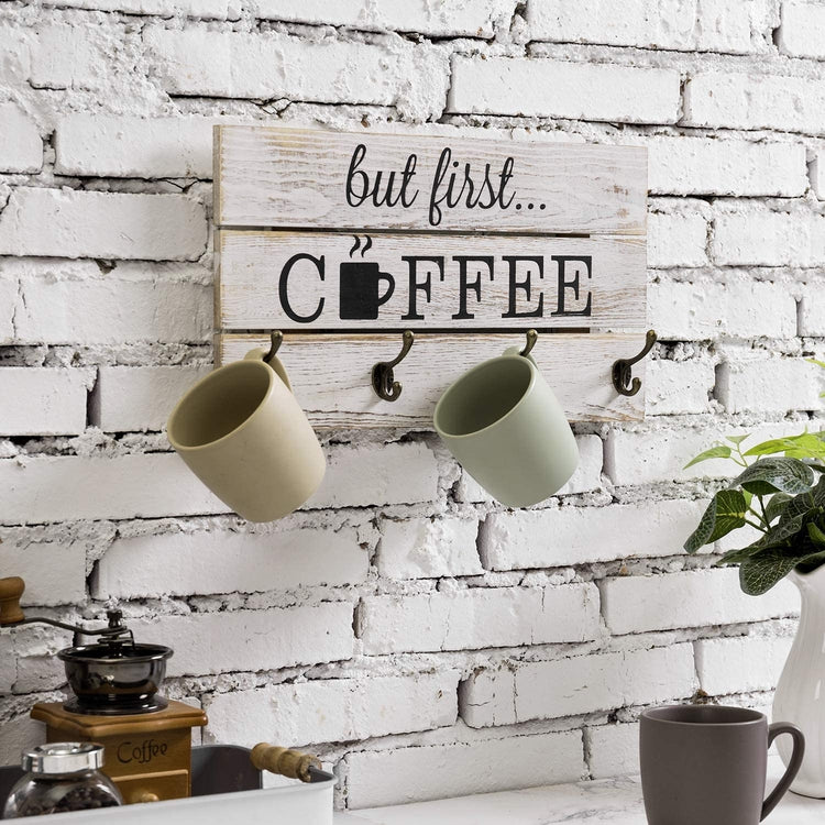 8-Hook But First Coffee Whitewashed Wood Mug Storage Rack, Wall Mounted Decorative Sign-MyGift