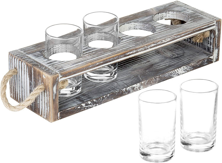 Rustic Torched Wood Beer Flight Serving Caddy with 5-ounce Glasses-MyGift