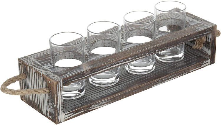 Rustic Torched Wood Beer Flight Serving Caddy with 5-ounce Glasses-MyGift