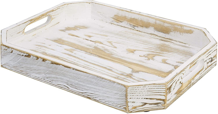 Whitewashed Wood Breakfast Serving Tray with Handles and Angled Corners-MyGift