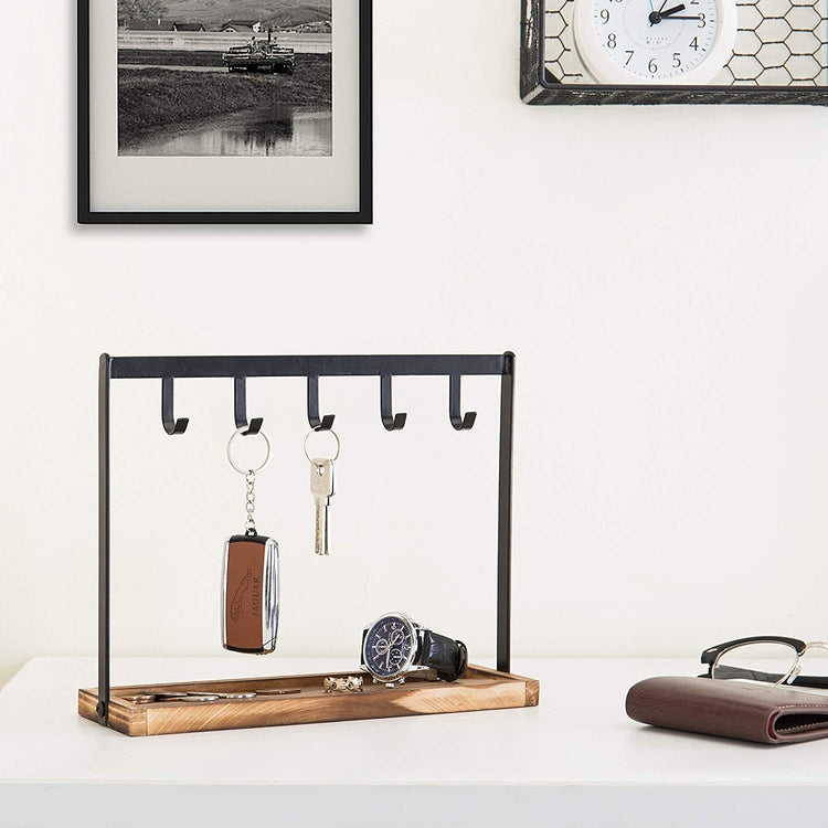 5-Hook, Burnt Wood and Black Metal Tabletop Key Holder, Jewelry Organizer Rack-MyGift