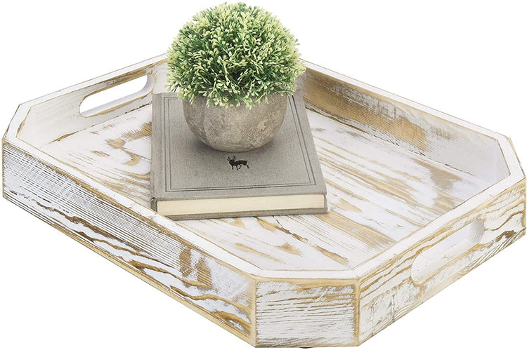 Whitewashed Wood Breakfast Serving Tray with Handles and Angled Corners-MyGift