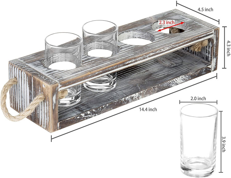 Rustic Torched Wood Beer Flight Serving Caddy with 5-ounce Glasses-MyGift