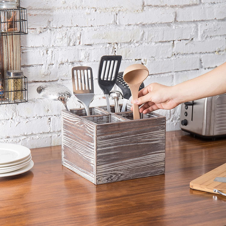 Rustic Torched Wood Cooking Utensil Holder, 4-Compartment Flatware Caddy-MyGift