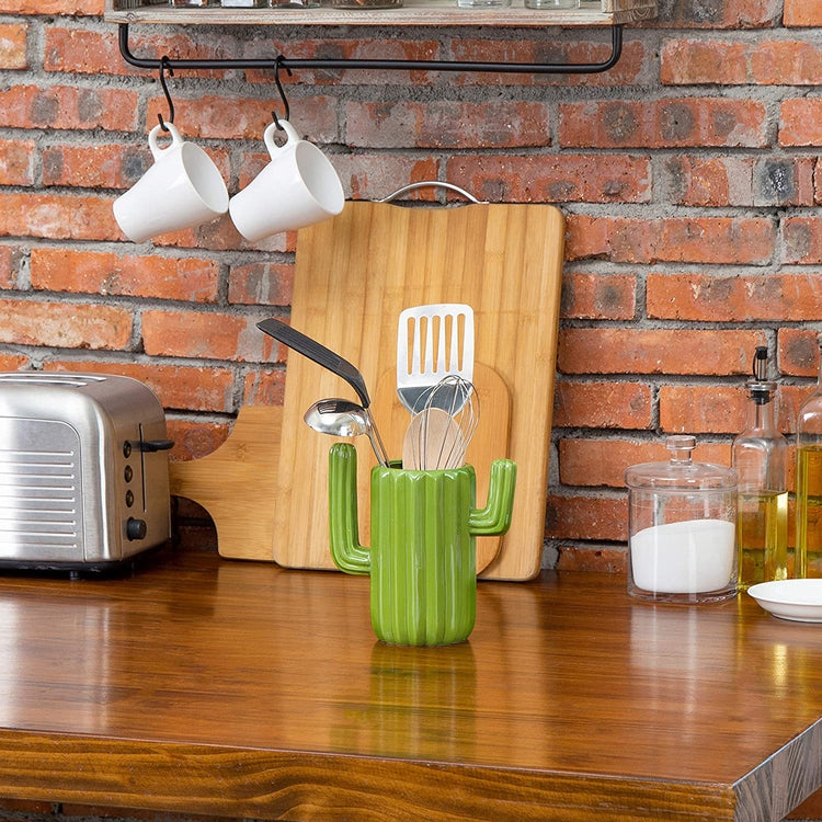 Green Ceramic Cactus-Shaped Utensil Holder-MyGift