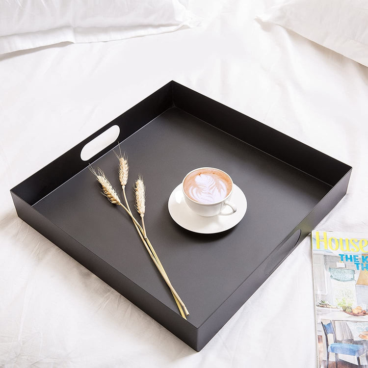16 inch, Matte Black Square Metal Serving Tray with Oval Cutout Handles-MyGift