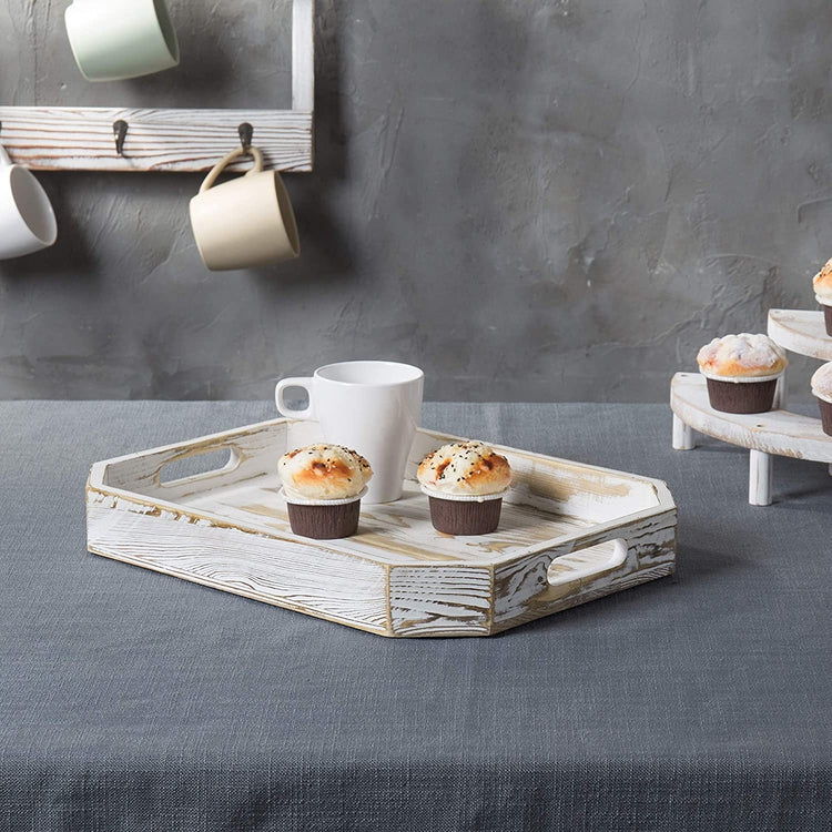 Whitewashed Wood Breakfast Serving Tray with Handles and Angled Corners-MyGift