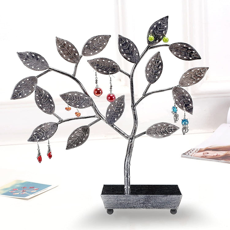 Silver Tree Design Jewelry Hanger, Earring Necklace Holder with Ring Dish Tray-MyGift