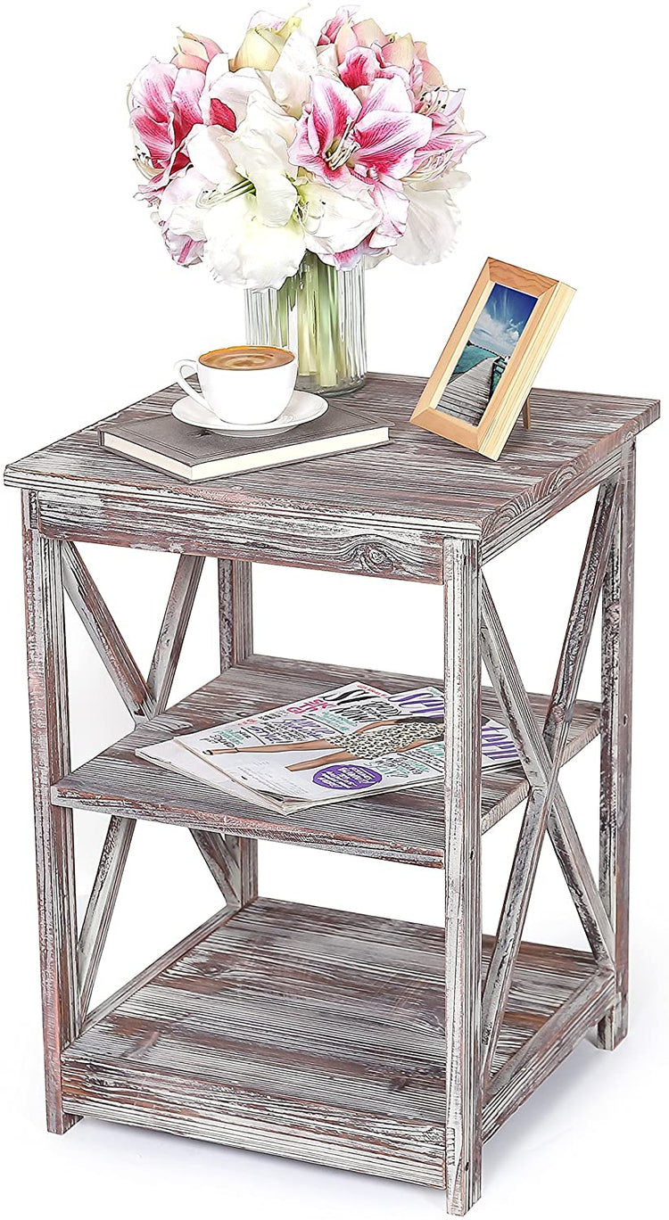 Torched Wood End Table with 2 Shelves-MyGift