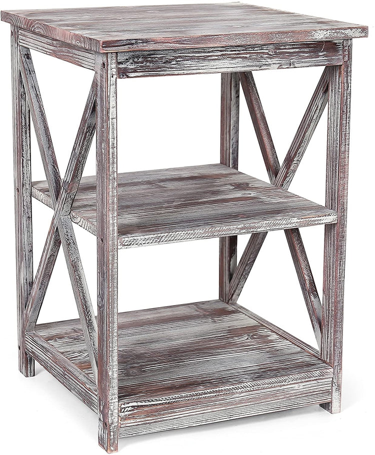 Torched Wood End Table with 2 Shelves-MyGift