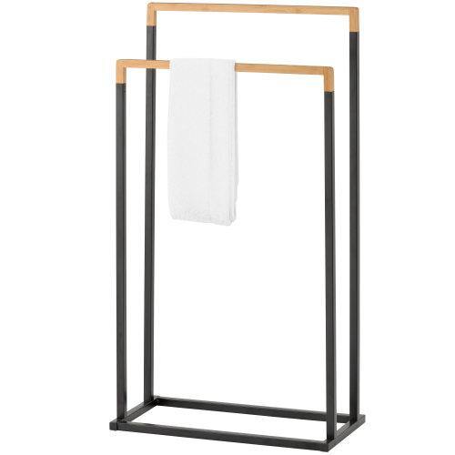 Freestanding 2-Tier Black Metal and Bamboo Towel Rack - Mygiftss
