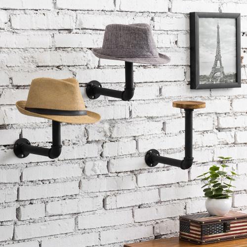 Metal Pipe & Wood Wall Mounted Hat & Wig Holder, Set of 3 - Mygiftss