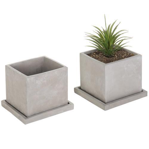Gray Clay Cube Planters with Removable Trays, Set of 2 - Mygiftss