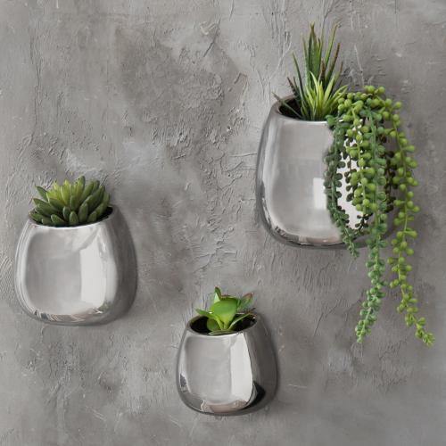 Contemporary Silver Ceramic Wall-Mounted Planters, Set of 3 - Mygiftss