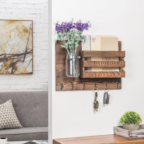 Rustic Dark Brown Wood Mail Organizer & Mason Jar - Mygiftss