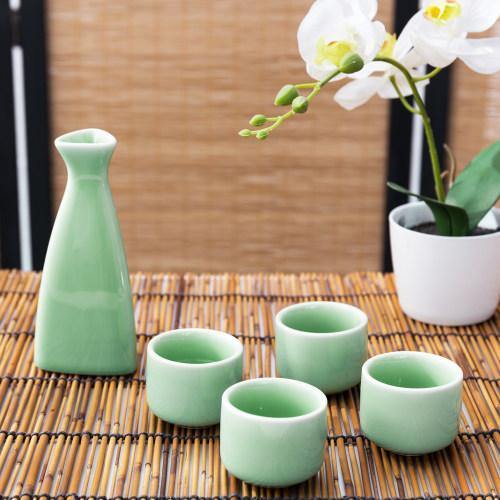 Japanese Style Jade-Color Ceramic Sake Set with Carafe and 4 Cups - Mygiftss