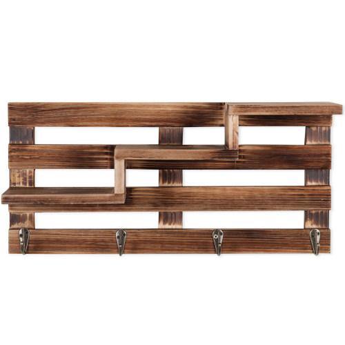 Rustic Burnt Wood Entryway Shelf w/ Key Hooks - Mygiftss