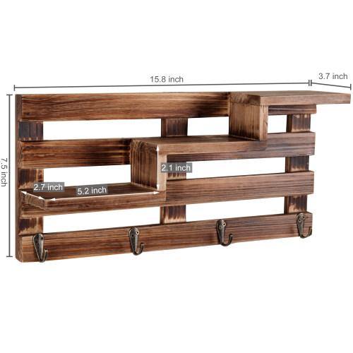 Rustic Burnt Wood Entryway Shelf w/ Key Hooks - Mygiftss