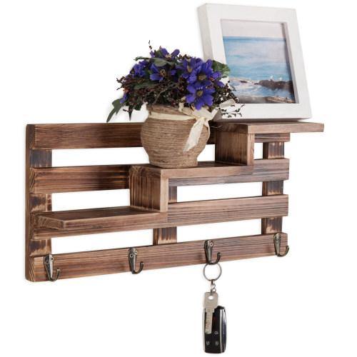 Rustic Burnt Wood Entryway Shelf w/ Key Hooks - Mygiftss