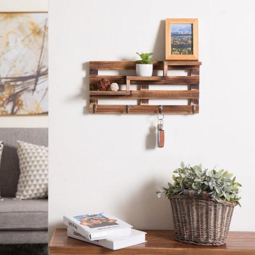 Rustic Burnt Wood Entryway Shelf w/ Key Hooks - Mygiftss