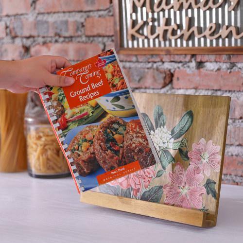 Premium Acacia Wood Cookbook Stand w/ Floral Print - Mygiftss