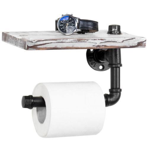 Industrial-Style Whitewashed Toilet Paper Holder with Shelf - Mygiftss