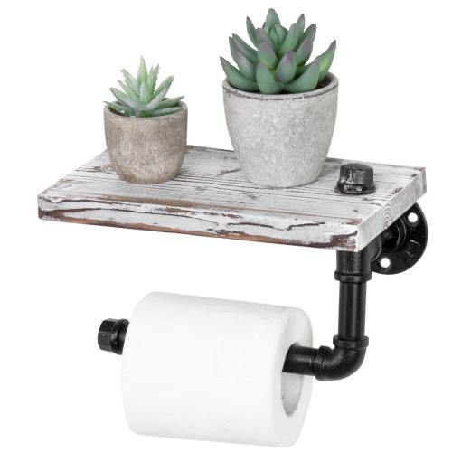 Industrial-Style Whitewashed Toilet Paper Holder with Shelf - Mygiftss