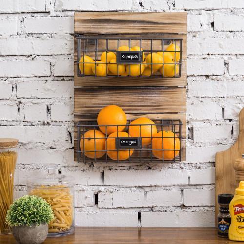 Rustic Wood & Metal Wire Wall-Mounted Basket Rack w/ Label Holders - Mygiftss